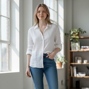 Untouched World New Zealand Shirt M Medium Button Front Linen Quiet Luxury White